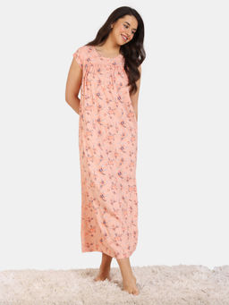 Zivame - Pretty Florals Woven Full Length Nightdress - Peach Parfait