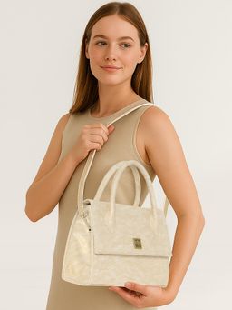 ESBEDA - White Gold Colour Croco Texture Handbag with Detachable Strap (M)