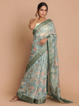 Indethnic - Banarasi Green Printed Party Wear Saree With Unstitched Blouse
