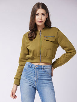 Miss Chase - Women's Olive Stand Collar Full Sleeve Solid Boxy/bomber Crop Jacket