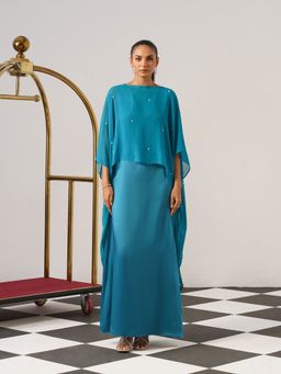 AMOSHI - Women Teal Satin Gown with Cape