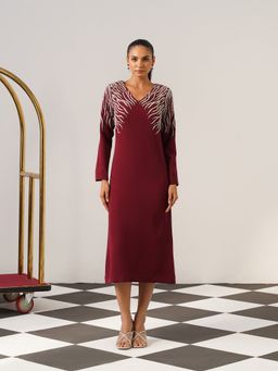 AMOSHI - Women Burgundy Polyester Midi Dress