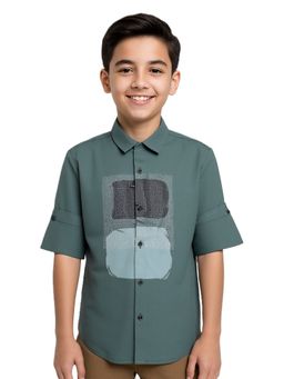 CAVIO - Boys Spread Collar Casual Full Sleeve Printed Green Shirt