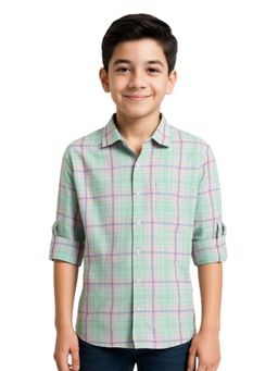 CAVIO - Boys Cotton Checked Full Sleeve Green Shirt
