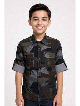 CAVIO - Grey Boys Cotton Full Sleeves Camouflage Printed Casual Shirt