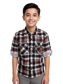CAVIO - Boys Cotton Full Sleeves Checks Casual Maroon Shirt