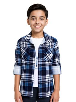 CAVIO - Navy Blue Boys Cotton Full Sleeves Checks Shirt and T-Shirt