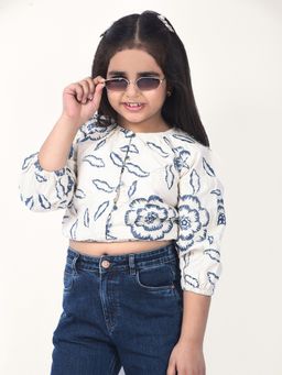 CRIMSOUNE CLUB - Girls Blue Embroidered Linen Crop-Top