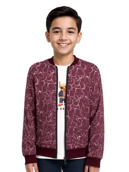 CAVIO - Maroon Boys Geometric Print Zipper Jacket with T-Shirt
