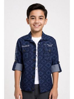 CAVIO - Navy Blue Boys Regular Fit Geometric Print Denim Shirt And T-Shirt
