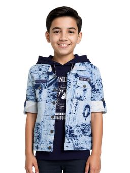 CAVIO - Blue Boys Printed Hooded Jacket with T-shirt