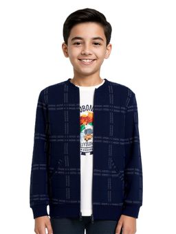 CAVIO - Navy Blue Boys Regular Fit Checks Zipper Casual Jacket With T-Shirt