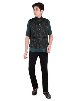 CHARCHIT - Boys Green Floral Nehru Jacket and Shirt