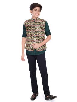 CHARCHIT - Boys Green Geometric Nehru Jacket and Shirt
