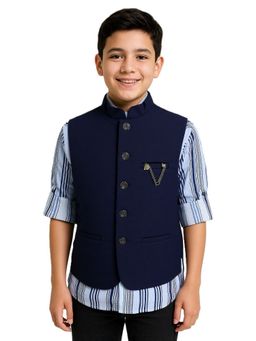 CHARCHIT - Boys Navy Blue Solid Nehru Jacket