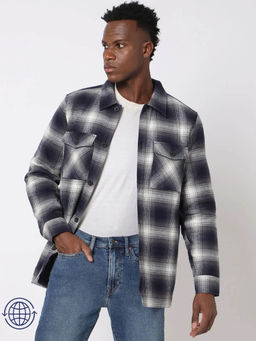 GAP - Navy Blue Men's Checked Double-Pocket Shacket
