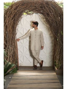 Echke - Men Beige Linen Waist Coat with Jacket and Pant