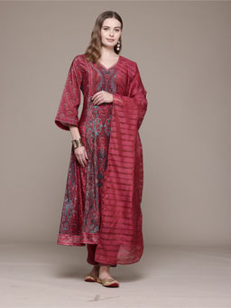Aarke Ritu Kumar - Maroon Anarkali Kurta with Pant and Dupatta (Set of 3)