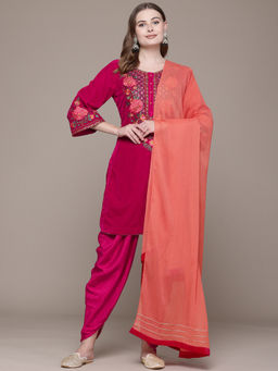 Aarke Ritu Kumar - Pink Embroidered Kurta with Dhoti & Dupatta (Set of 3)
