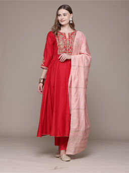 Aarke Ritu Kumar - Red Embroidered Anarkali Kurta with Pant and Dupatta (Set of 3)