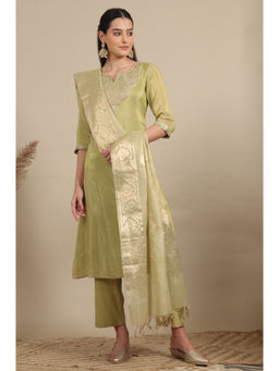 Aurelia - Green Zari Embroidered Tissue Flared Kurta Pant and Dupatta (Set of 3)