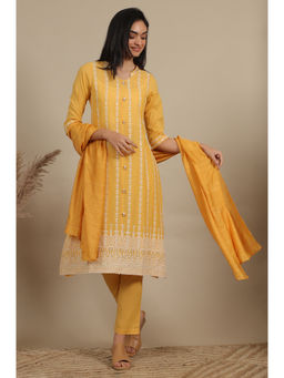 Aurelia - Yellow Embroidered Pure Cotton Straight Kurta Pant & Dupatta (Set of 3)