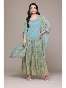 Aarke Ritu Kumar - Blue Khanak Cape and Top with Sharara (Set of 3)