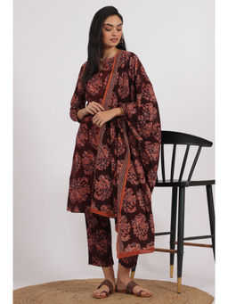 Folksong - Brown Folksong Kalamkari Printed Kurta Pant and Dupatta (Set Of 3)