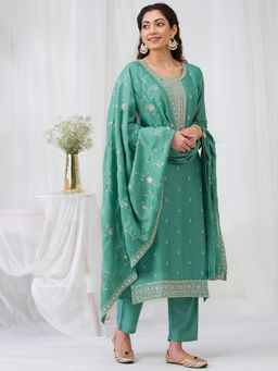 Koskii - Sea Green Sequins Raw Silk Kurta Pant with Dupatta (Set of 3)