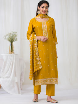 Koskii - Mustard Sequins Raw Silk Kurta Pant with Dupatta (Set of 3)