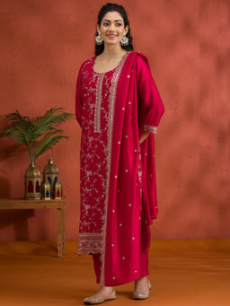Koskii - Rani Pink Threadwork Raw Silk Kurta Pant with Dupatta (Set of 3)
