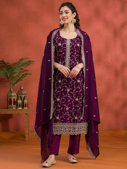 Koskii - Purple Threadwork Raw Silk Kurta Pant with Dupatta (Set of 3)
