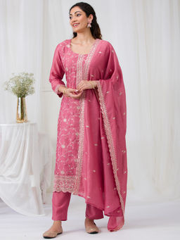 Koskii - Onion Pink Threadwork Raw Silk Kurta Pant with Dupatta (Set of 3)