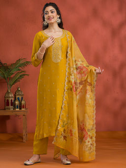Koskii - Mustard Threadwork Raw Silk Kurta Pant with Dupatta (Set of 3)