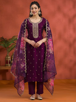 Koskii - Purple Threadwork Raw Silk Kurta Pant with Dupatta (Set of 3)