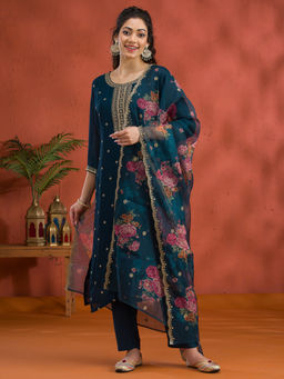 Koskii - Peacock Teal Threadwork Raw Silk Kurta Pant with Dupatta (Set of 3)