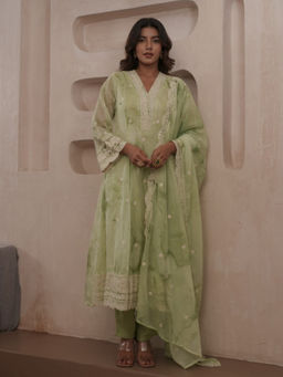 Autumnlane - Tashvika Fern Green Premium Kurta Pant & Dupatta (Set of 3)