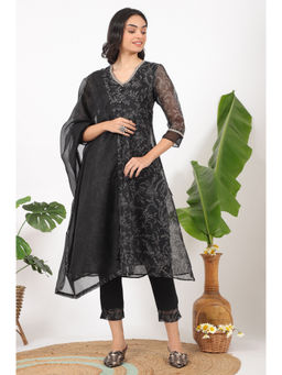 W - Black Floral Printed Kota A-line Kurta Pant and Dupatta (Set of 3)