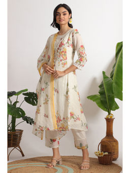 W - Off White Floral Printed Mock Layered Kota Flared Kurta Pant & Dupatta (Set of 3)