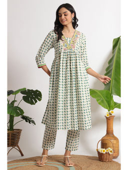 W - Lotus Printed White Pure Gathered Kurta & Pant (Set of 2)