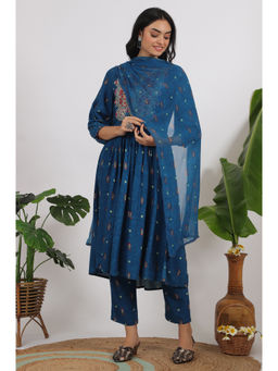 W - Teal Blue Embroidered Yoke Gathered Rayon Kurta Pant and Dupatta (Set of 3)