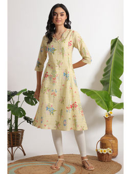 W - Yellow Floral Printed A-line Pure Cotton Kurta and Leggings (Set of 2)