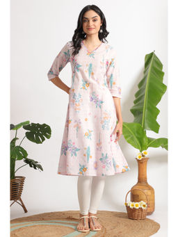 W - Light Pink Floral Printed A-line Pure Cotton Kurta and Leggings (Set of 2)