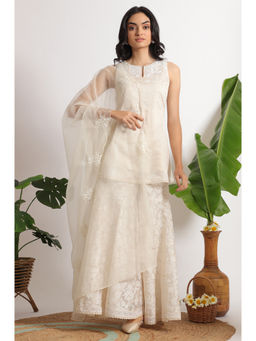 W - Off White Printed Chanderi Short Kurta Sharara and Dupatta (Set of 3)