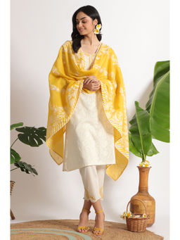 W - Off White Embroidered Jacquard Straight Kurta Pant & Dupatta (Set of 3)