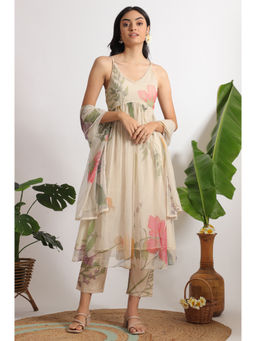W - Light Beige Floral Printed Swiss Dot Net Spaghetti Flared Kurta Pant and Dupatta (Set of 3)