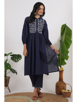 W - Navy Blue Embroidered Yoke Pure Cotton Gathered Kurta and Pant (Set of 2)