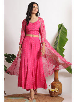 W - Pink Printed Spaghetti Crop Top, Chiffon Gilet and Flared Culottes (Set of 3)