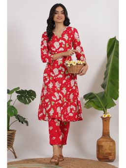 W - Red Floral Printed Beaded Rayon Straight Kurta and Pant (Set of 2)