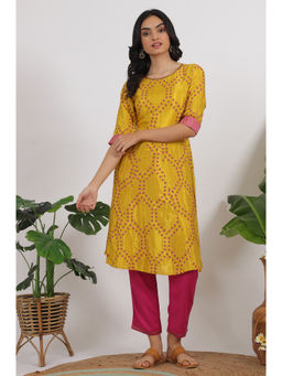 W - Marigold Yellow Floral Printed Straight Shantung Kurta and Pant (Set of 2)